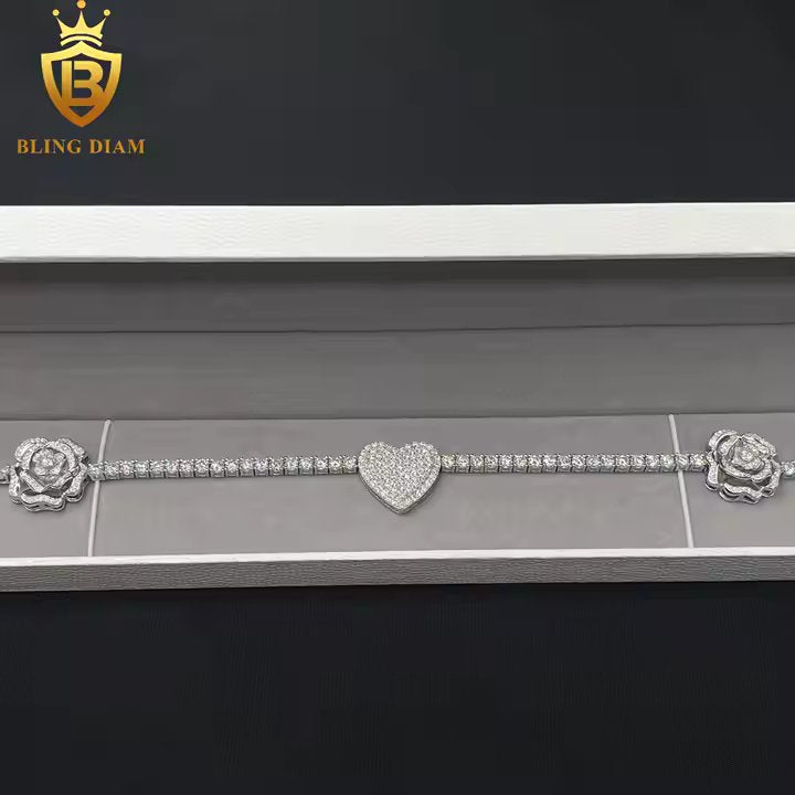 Rose & Heart Tennis Chain - 3mm VVS Moissanite, 925 Sterling Silver