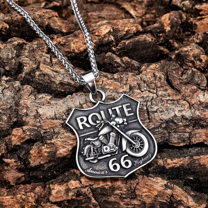 Route 66 Pendant | Vintage Stainless Steel Necklace