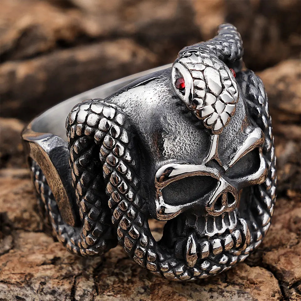 Red Eye Snake Wrapping Skull Ring