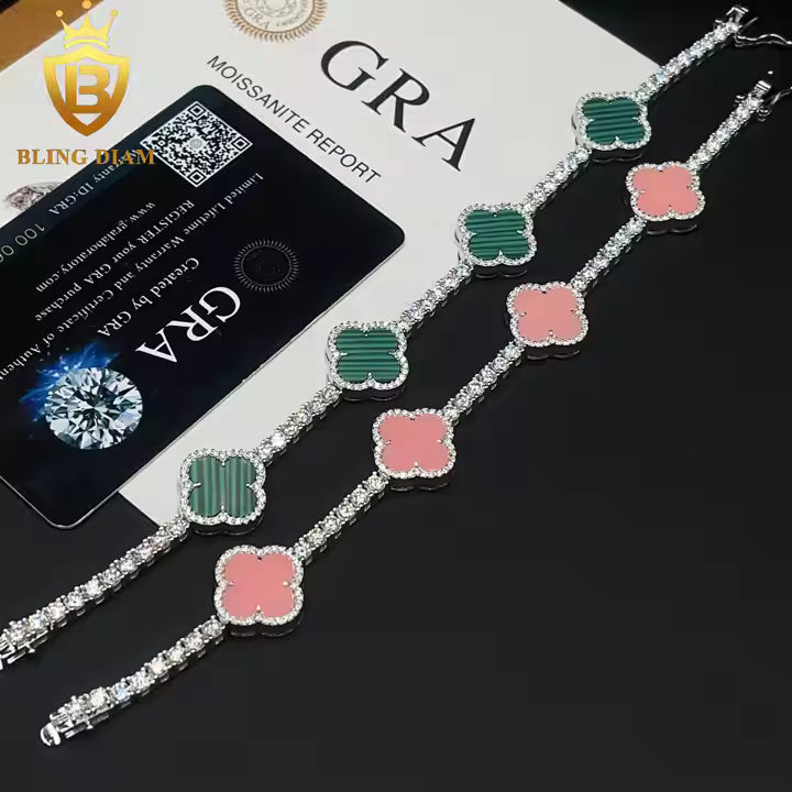 Two-Tone Clover Tennis Bracelet | Pink & Malachite | 925 Silver