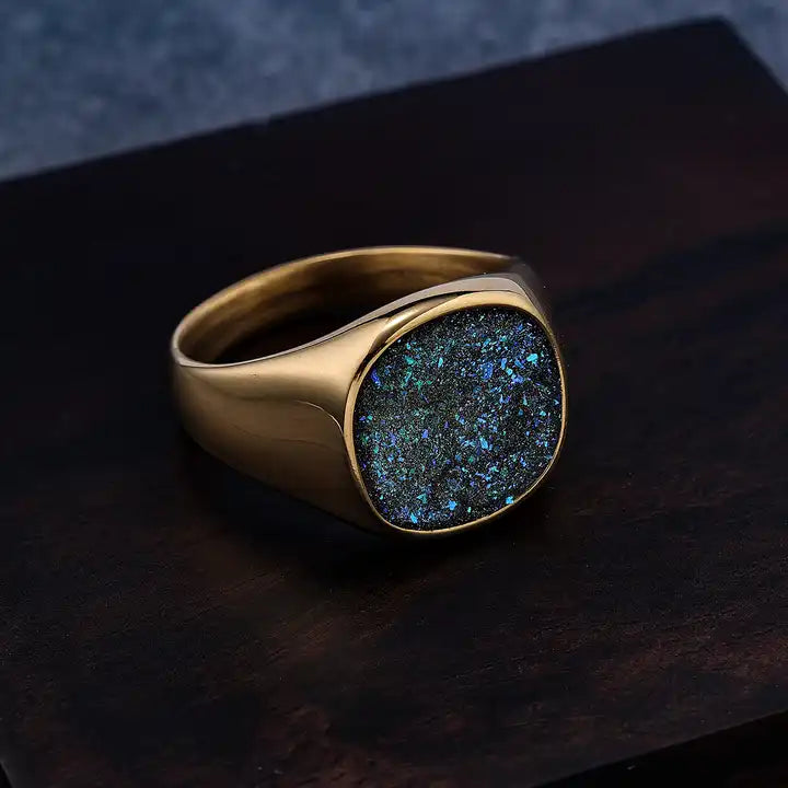 Sparkle Opal Inlay Enamel Signet Ring