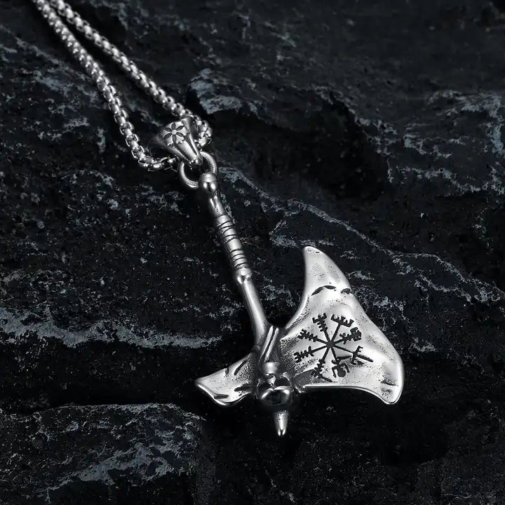 Viking Battle Axe Norse Compass Vegvisir Necklace