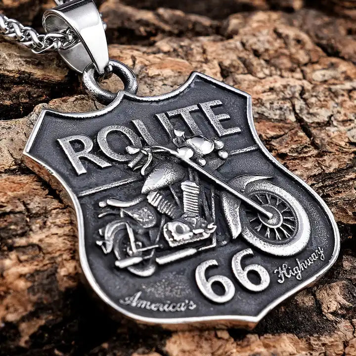 Route 66 Pendant | Vintage Stainless Steel Necklace