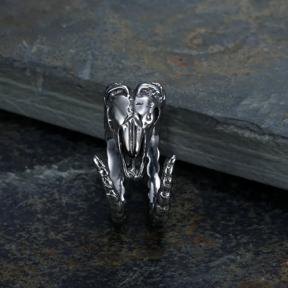 Wrapped horn goat skull ring