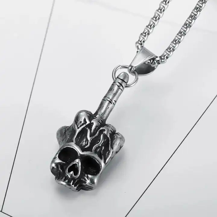 middle finger statement death skull Necklace