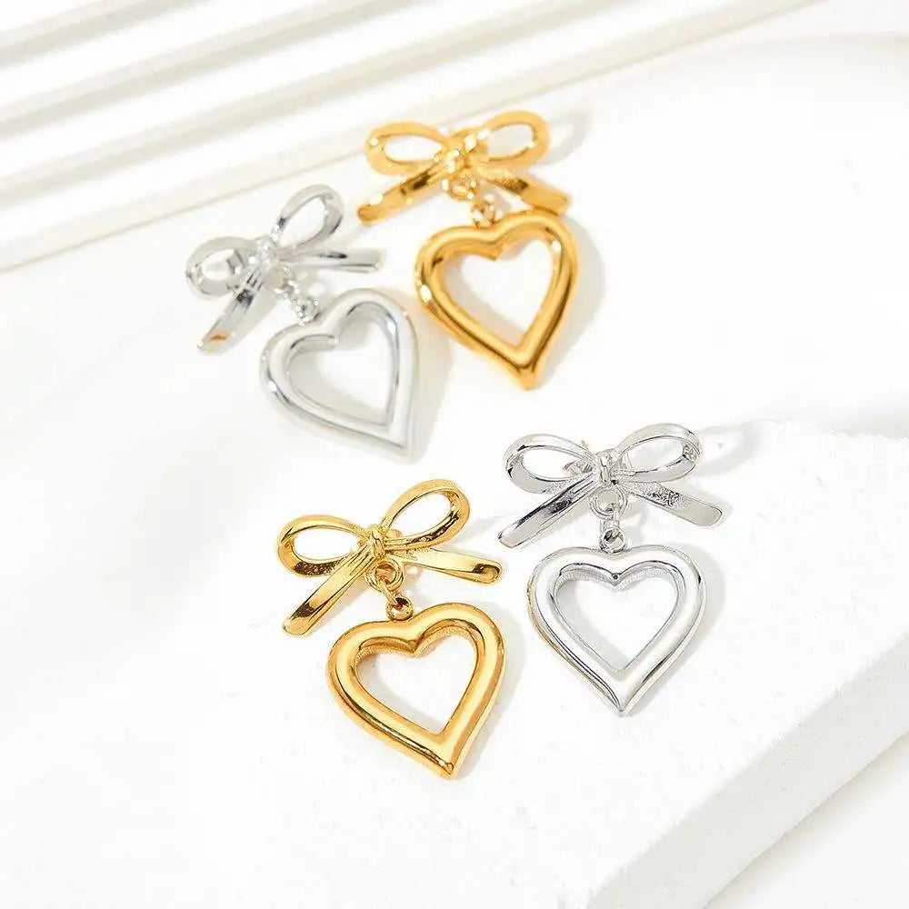 Heart Bow Pendant Luxury Drop Earrings