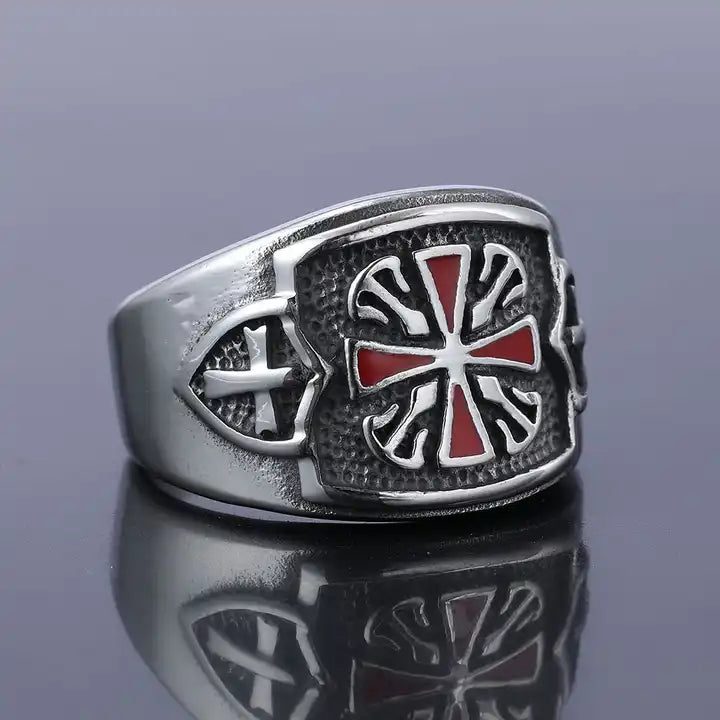 Red Crusaders Cross Shield Ring