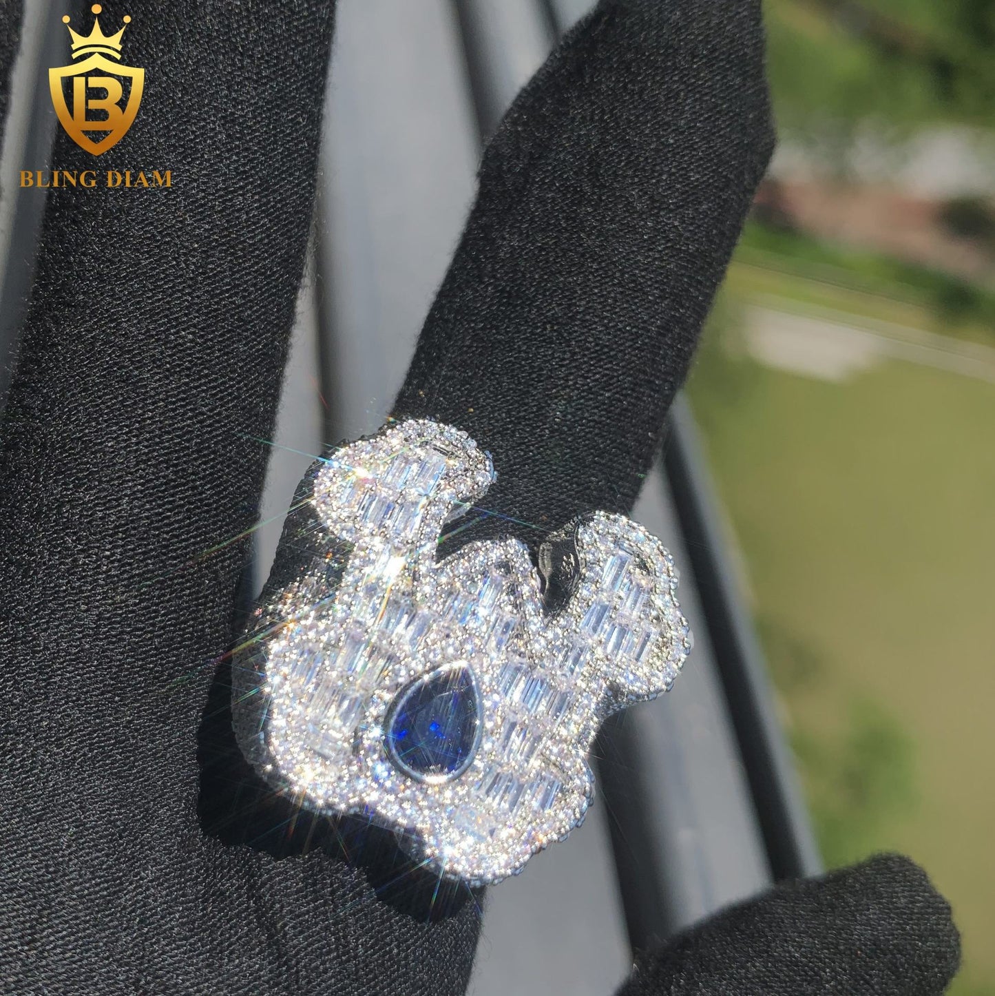 Baguette-cut iced-out moissanite ring