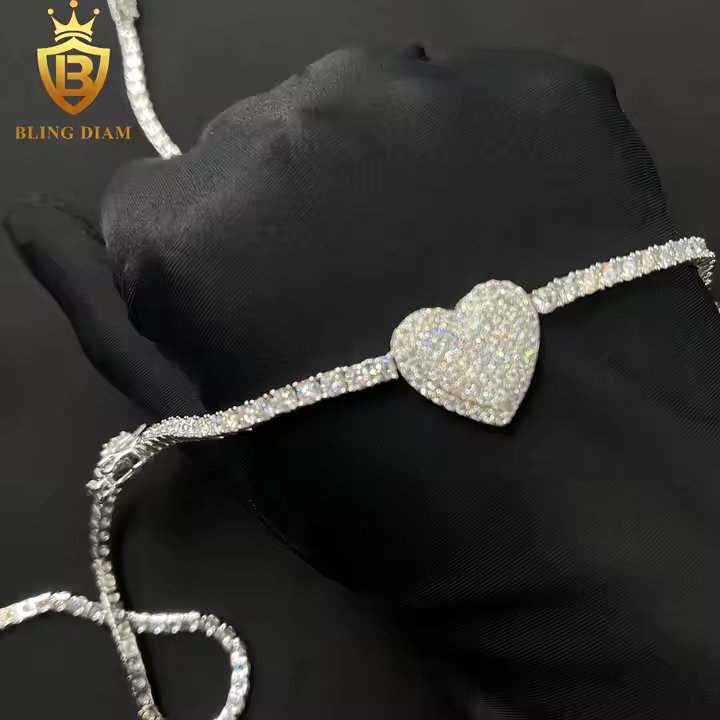 Rose & Heart Tennis Chain - 3mm VVS Moissanite, 925 Sterling Silver