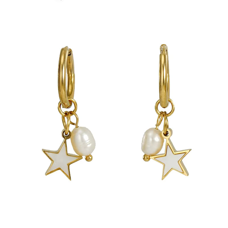 Pearl Shell Drop Dangle Huggie Hoop Earrings