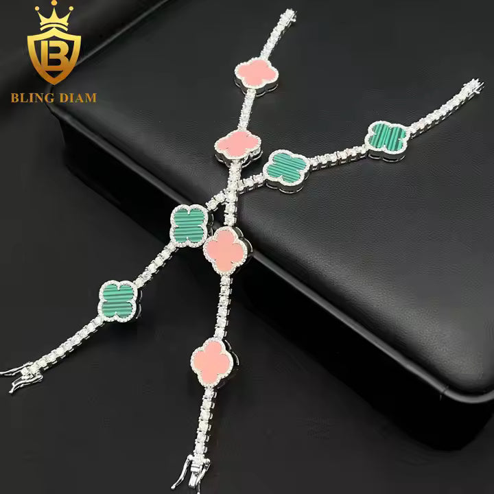 Two-Tone Clover Tennis Bracelet | Pink & Malachite | 925 Silver