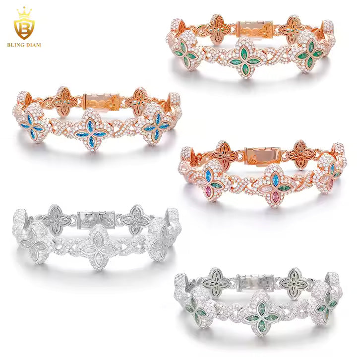 Marquise Flower Tennis Bracelet - 9mm Moissanite - Sterling Silver