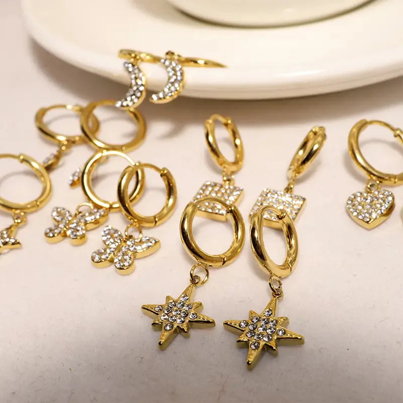 Zircon Butterfly Moon Square Heart Star Love Stud Earrings