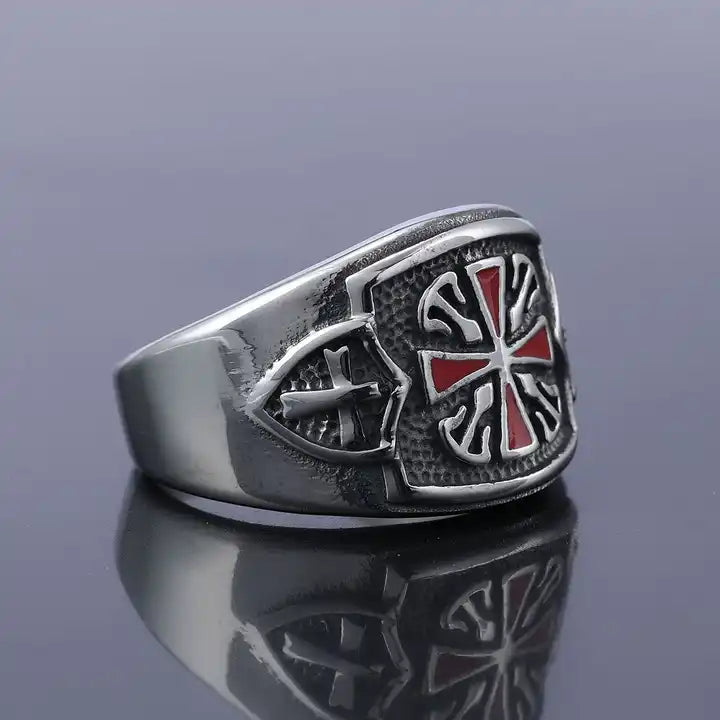 Red Crusaders Cross Shield Ring