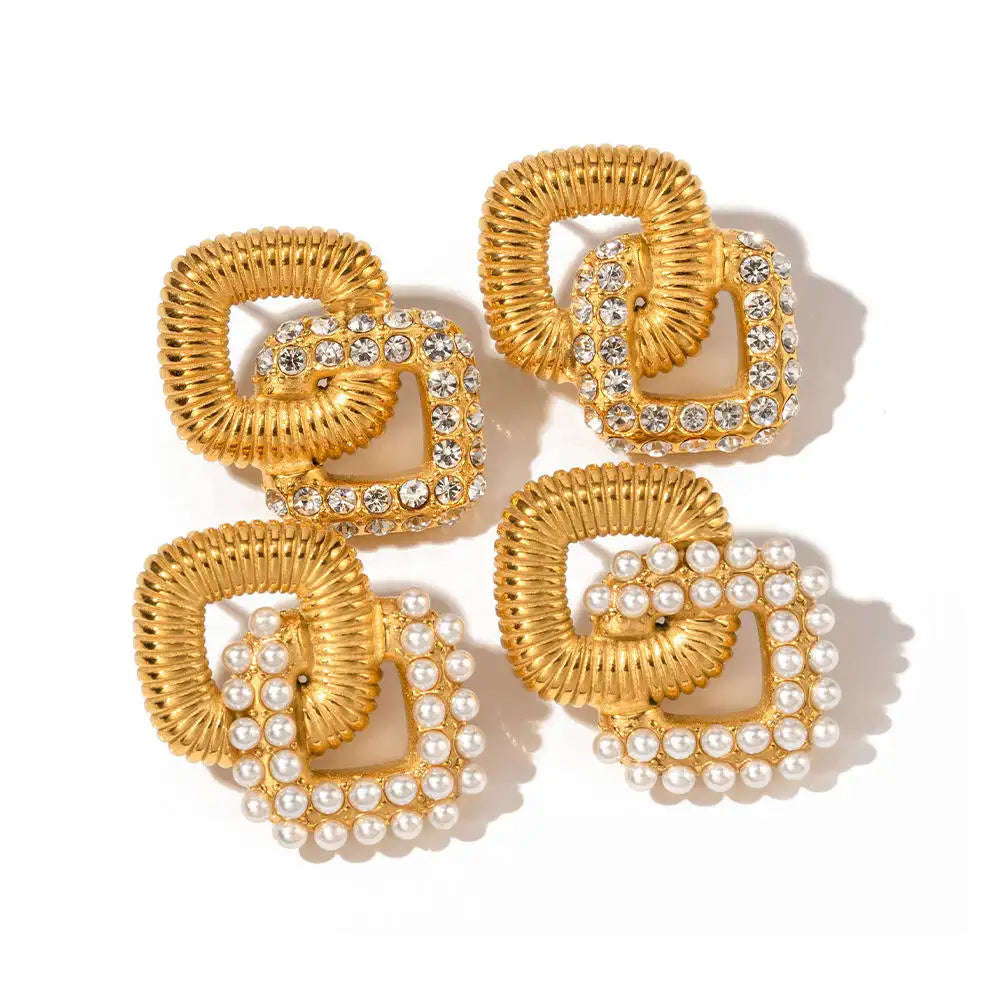 Inlaid Zircon Pearl Geometric Stud Earrings