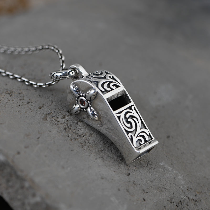 Carved Silver Whistle Necklace
