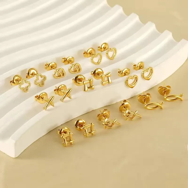 Hollow Square Heart Clover Fish Airplane Cloud Stud Earrings