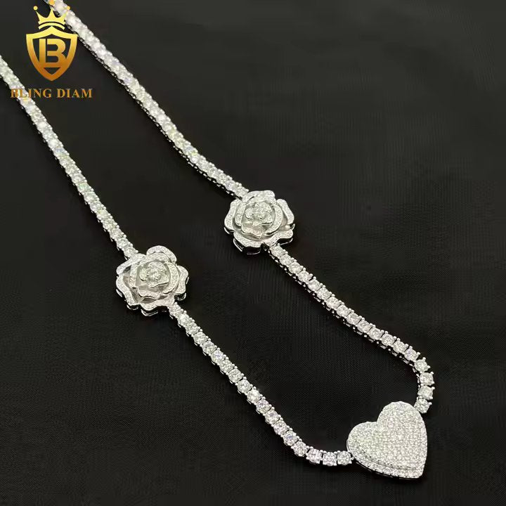 Rose & Heart Tennis Chain - 3mm VVS Moissanite, 925 Sterling Silver