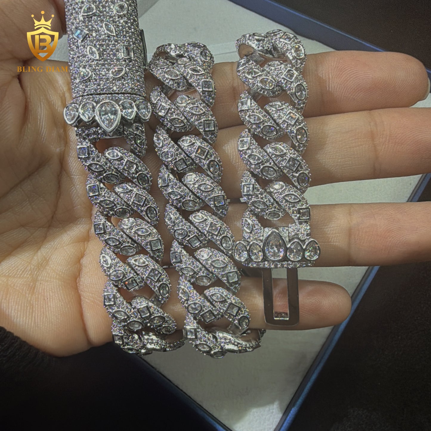 15mm 925 Silver Moissanite Rhodium Plated Chain