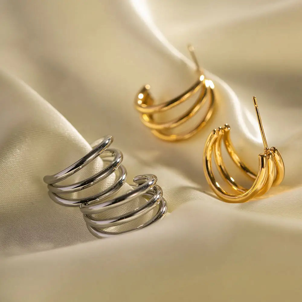 Three Layer Statement C Shape Earrings
