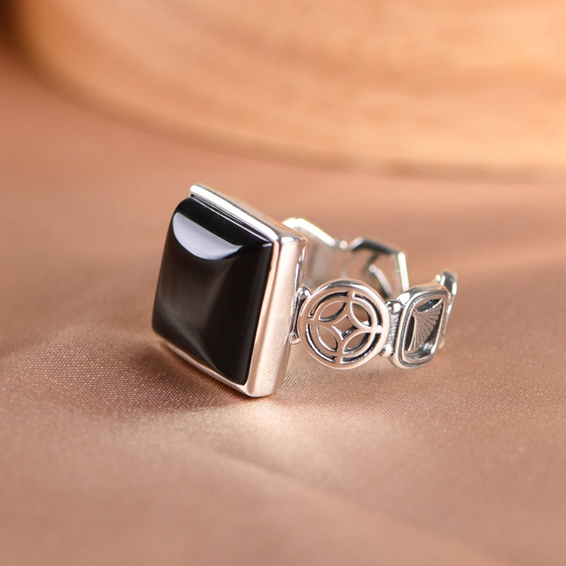 Square Black Agate Ring