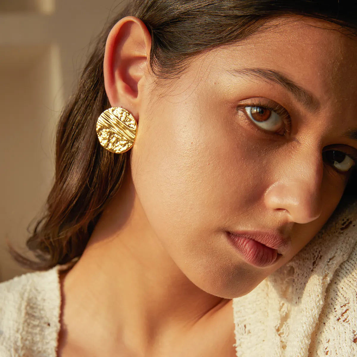 Irregular Hammered Chunky Round Square Earrings