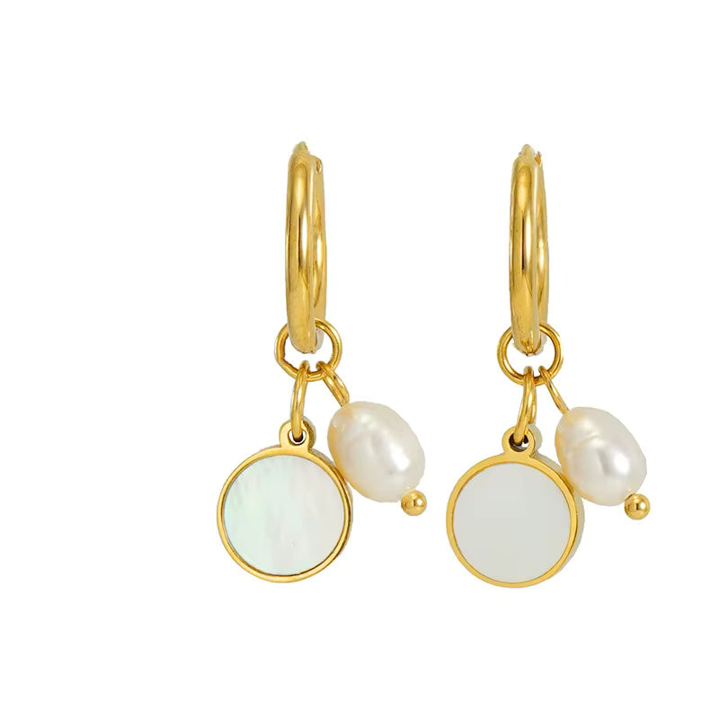 Pearl Shell Drop Dangle Huggie Hoop Earrings