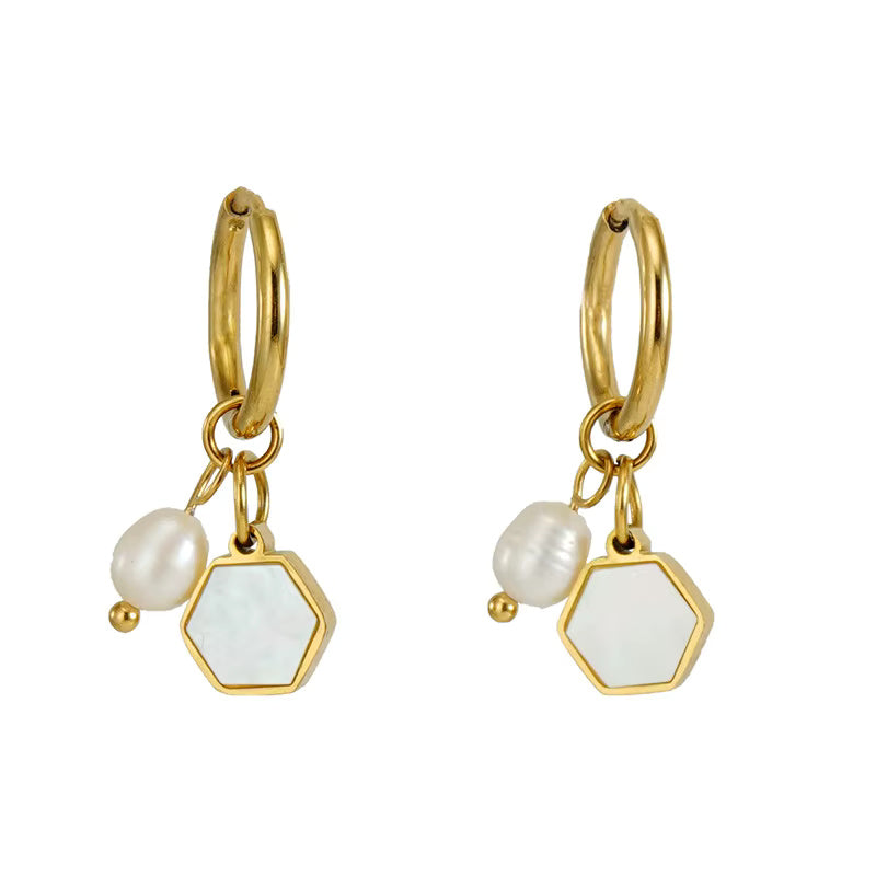 Pearl Shell Drop Dangle Huggie Hoop Earrings