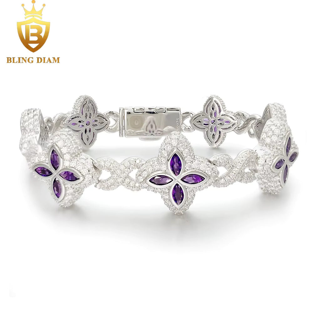 Marquise Flower Tennis Bracelet - 9mm Moissanite - Sterling Silver
