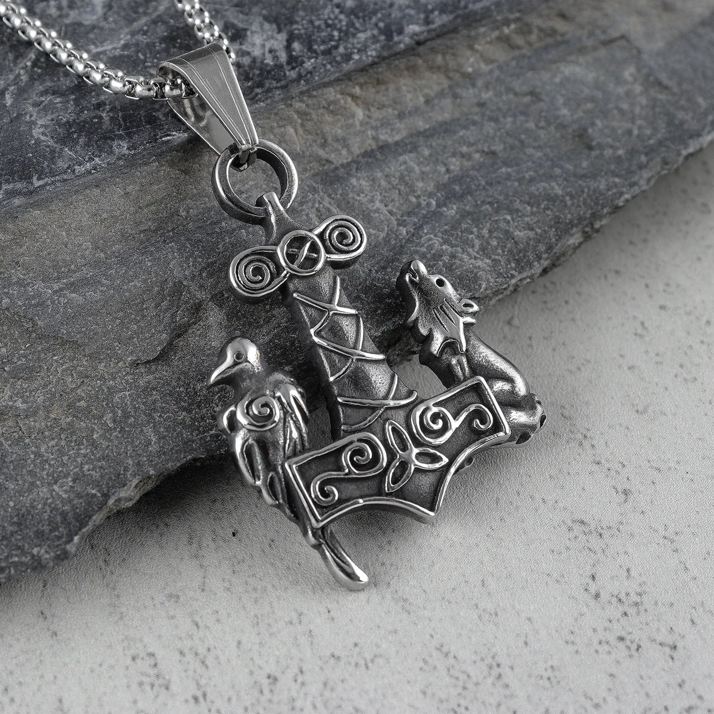 Mjolnir Thor's Hammer Odin Hugninn Munin Raven Fenrir Wolf Necklace