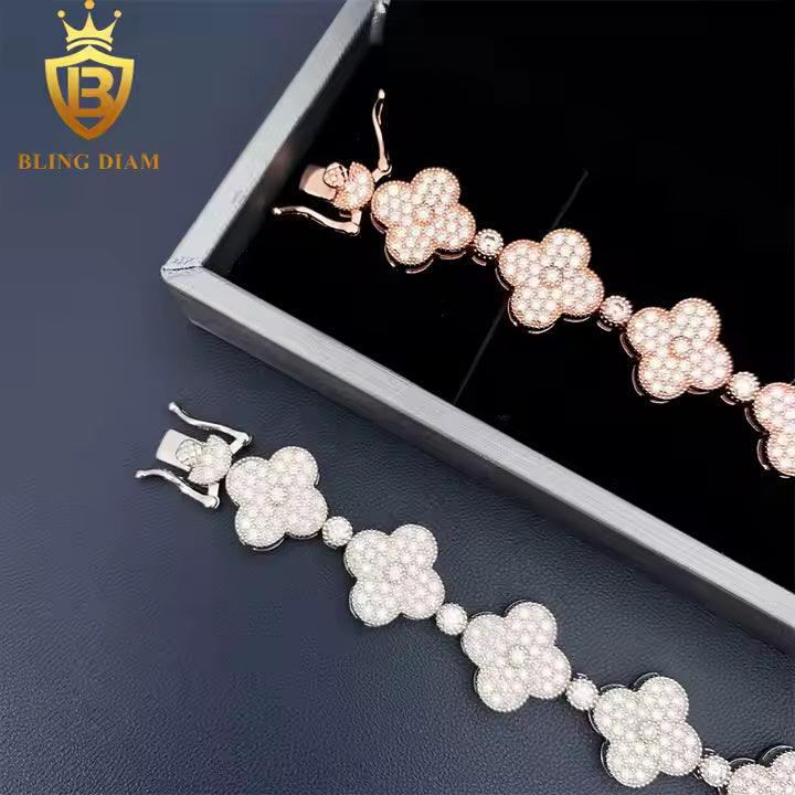Wide Clover Tennis Bracelet - 15mm Moissanite, 925 Sterling Silver