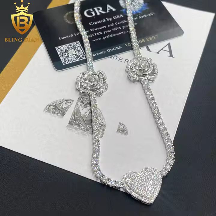 Rose & Heart Tennis Chain - 3mm VVS Moissanite, 925 Sterling Silver