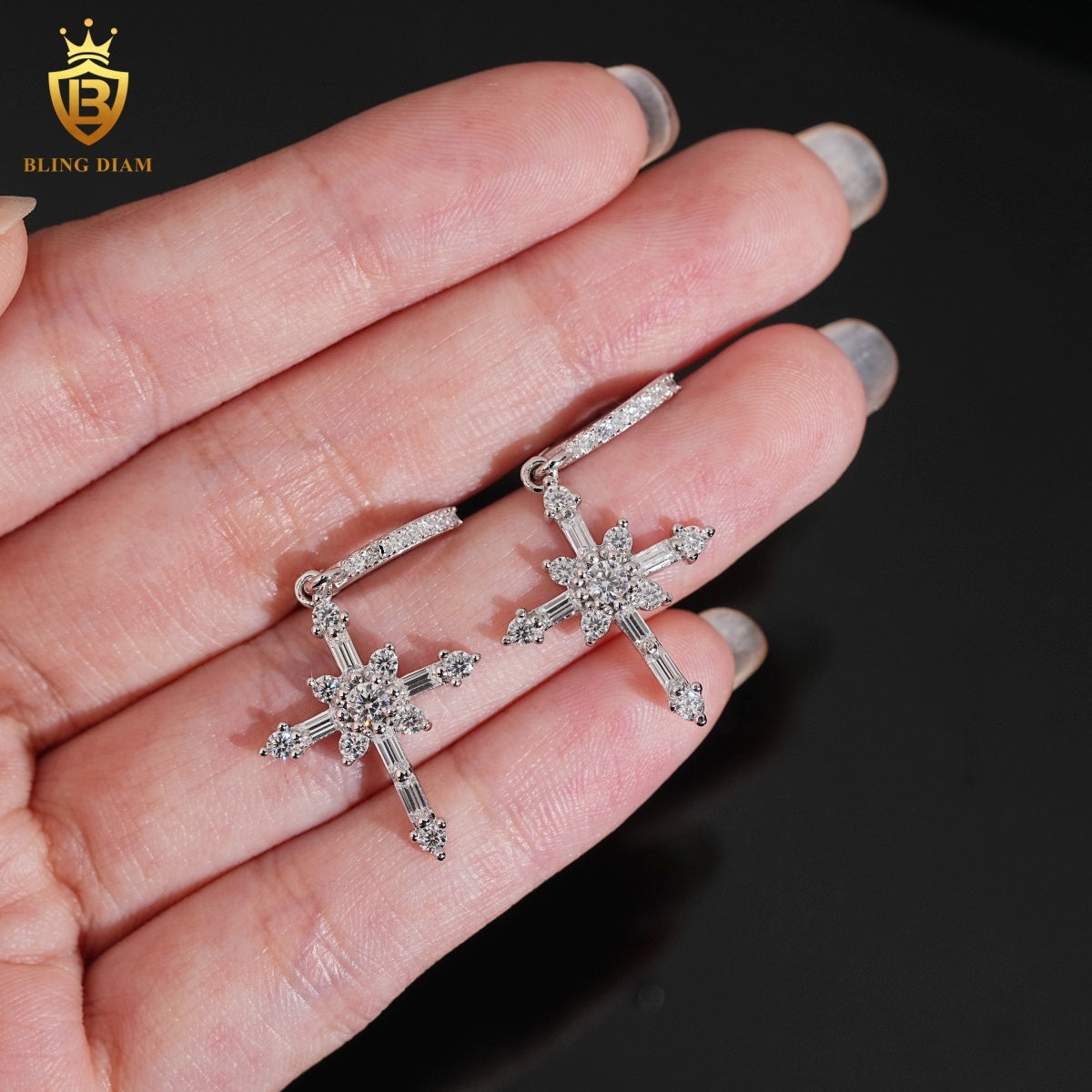 Moissanite Cross Dangle Huggie Hoop Earrings
