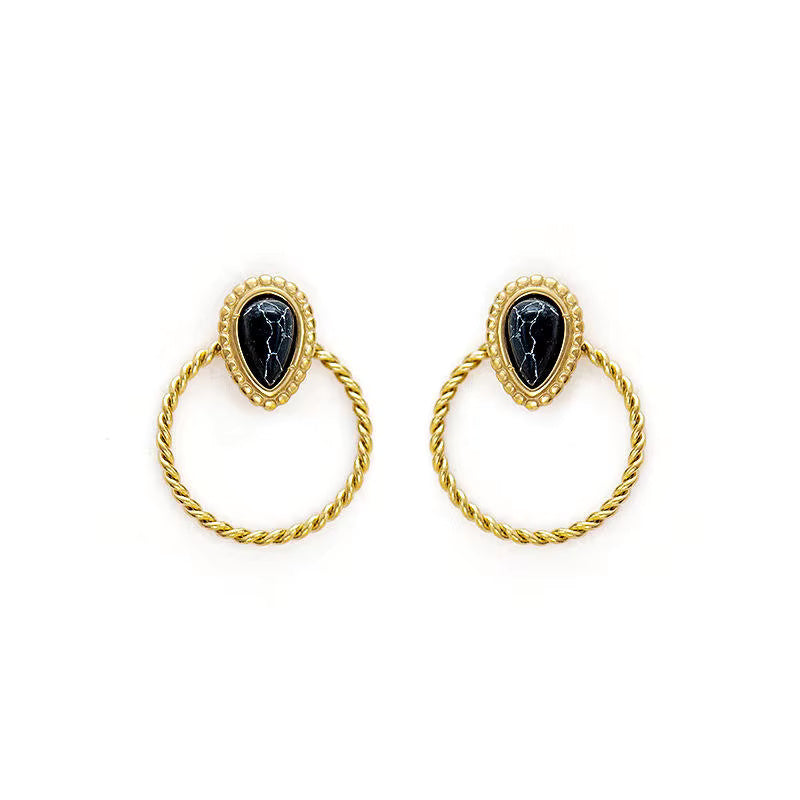 Natural Stone Drop Gold Hoop Earrings