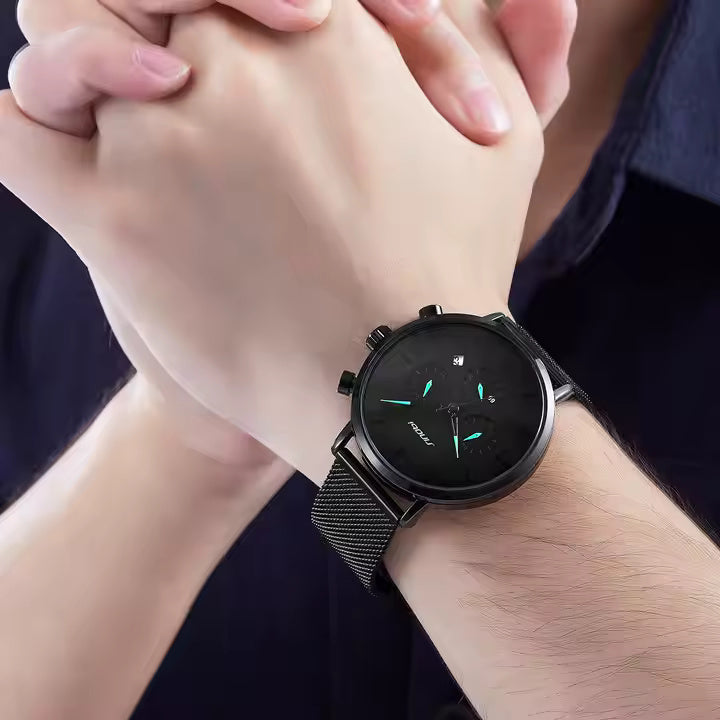Smooth Black Chronograph Watch with Green Hands