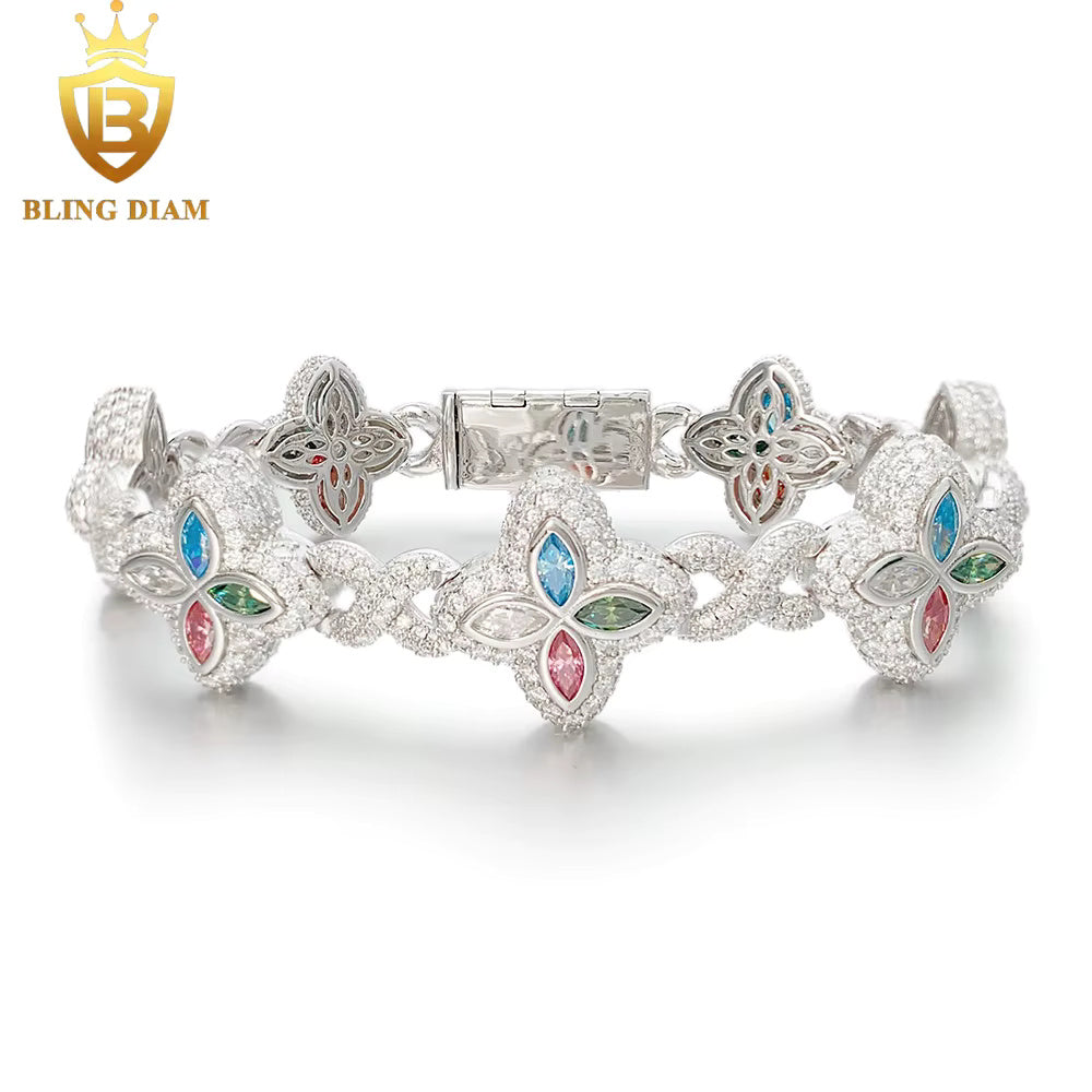Marquise Flower Tennis Bracelet - 9mm Moissanite - Sterling Silver