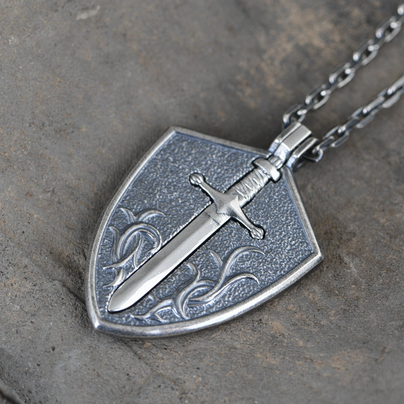 Shield Silver Sword Necklace