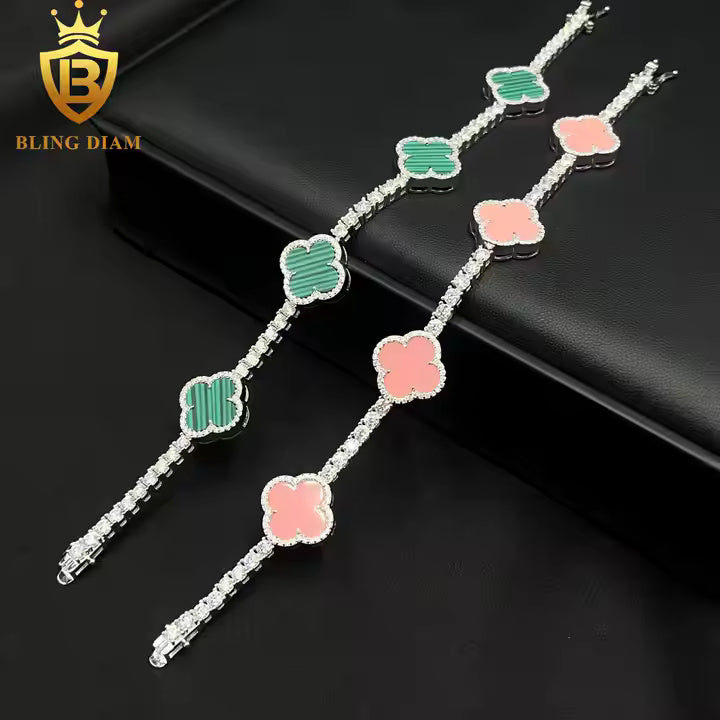 Two-Tone Clover Tennis Bracelet | Pink & Malachite | 925 Silver