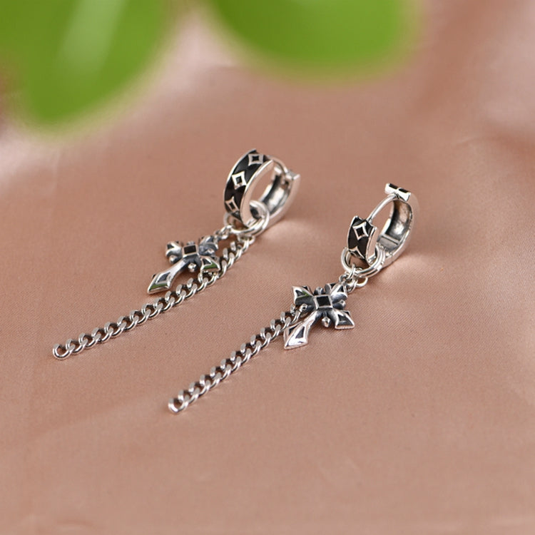Chain Cross Drop Oil Stud Earrings
