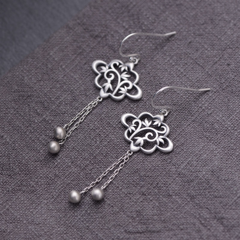 Leaf Silver Bead Tassel Earrings