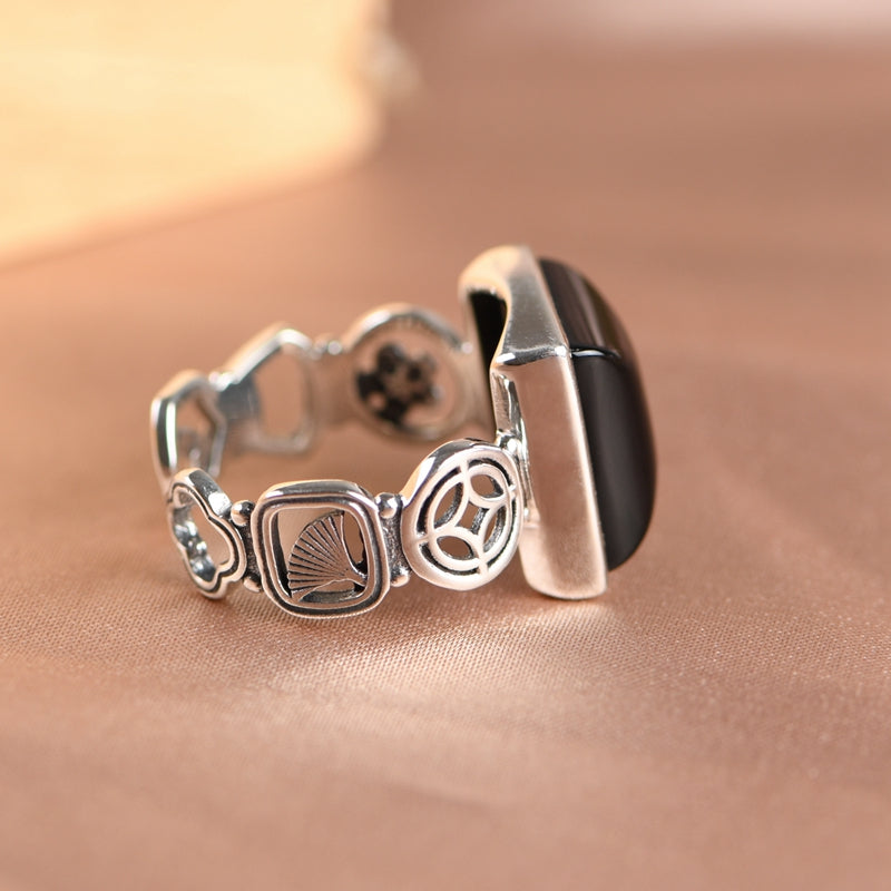 Square Black Agate Ring