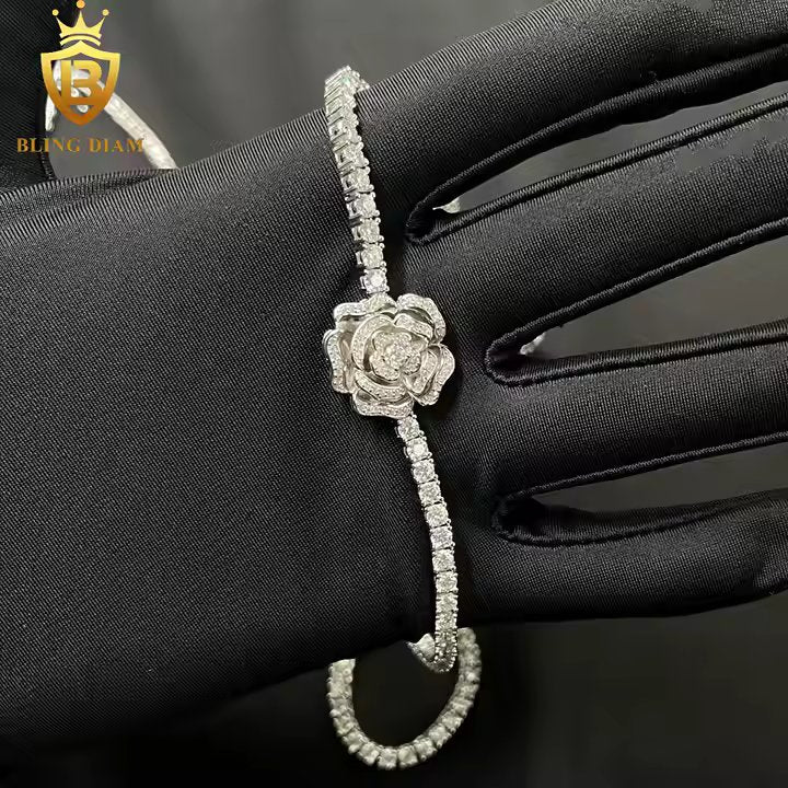Rose & Heart Tennis Chain - 3mm VVS Moissanite, 925 Sterling Silver