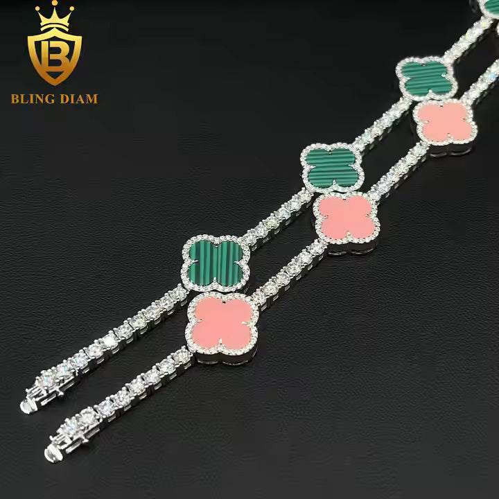 Two-Tone Clover Tennis Bracelet | Pink & Malachite | 925 Silver