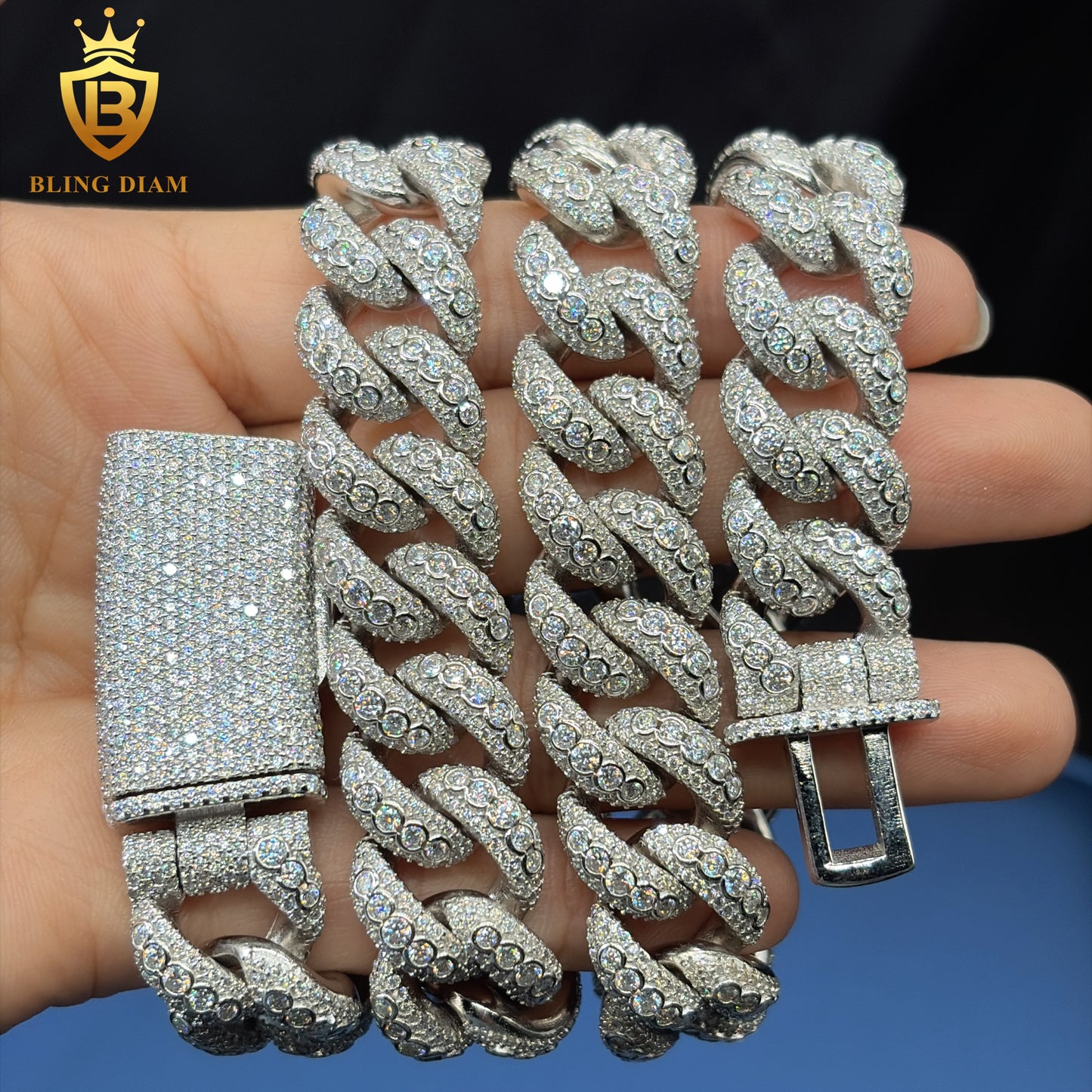 Miossanite 15mm 925 Sterling Silver Cuban Chain