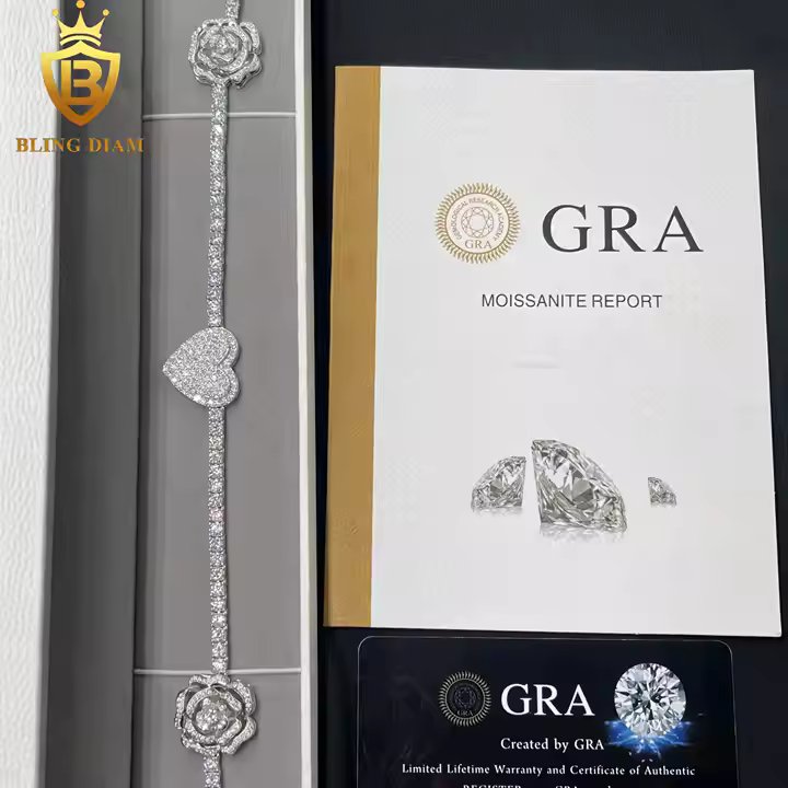 Rose & Heart Tennis Chain - 3mm VVS Moissanite, 925 Sterling Silver