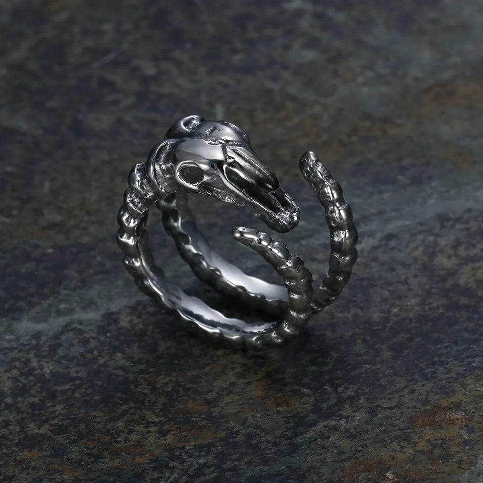 Wrapped horn goat skull ring