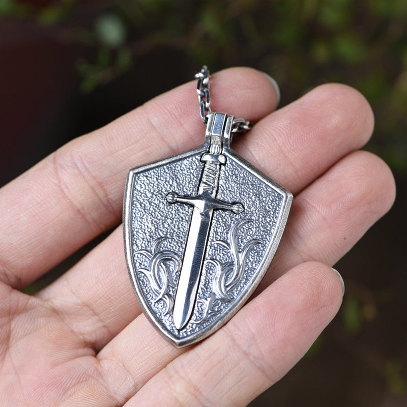 Shield Silver Sword Necklace