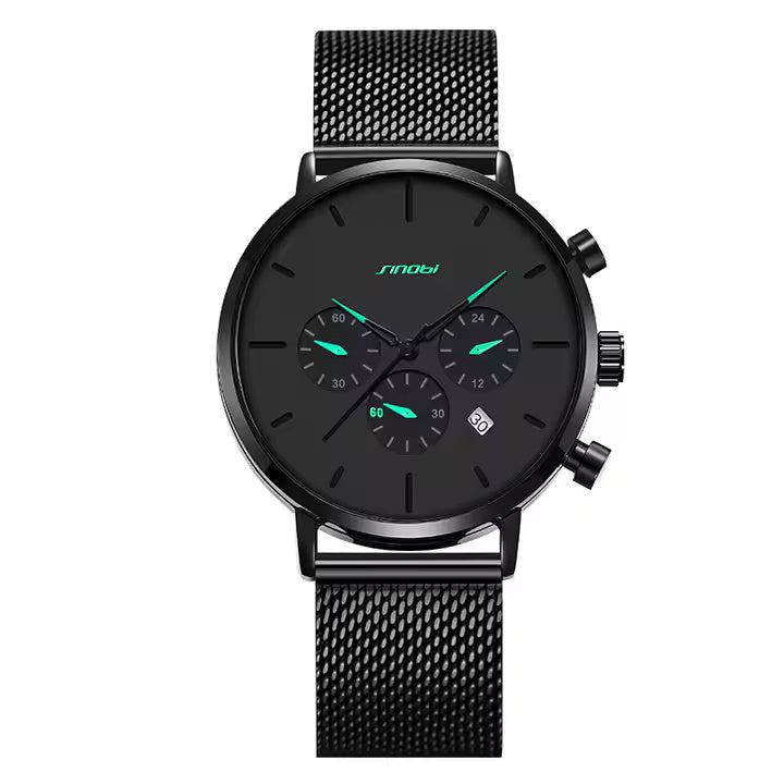 Smooth Black Chronograph Watch with Green Hands