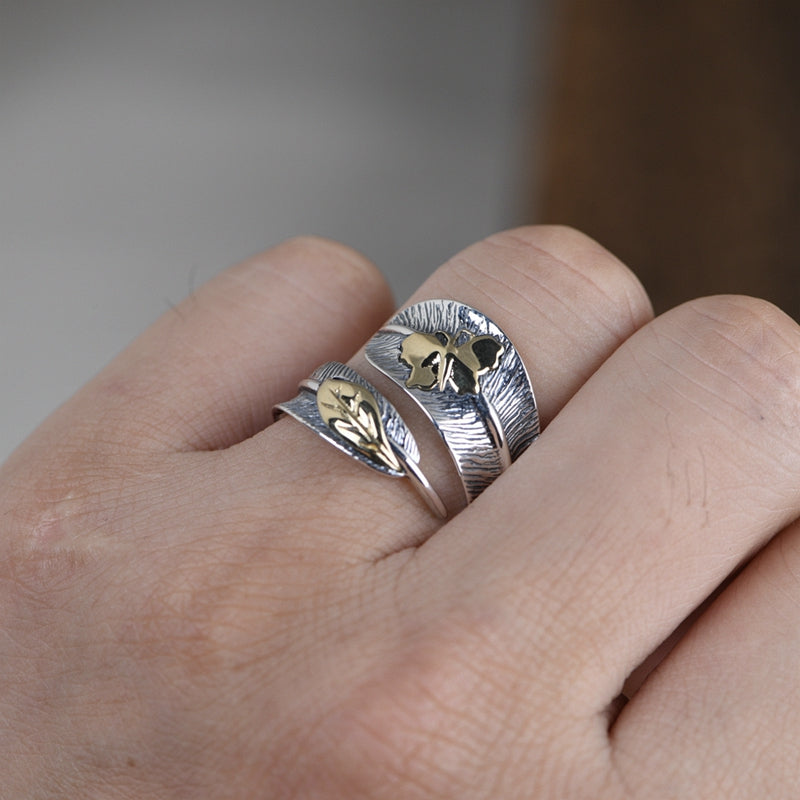 Gold Butterfly Silver Feather ring