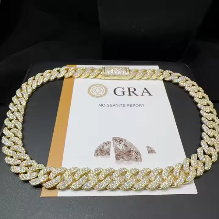 Wide Cuban Link Chain - 15mm VVS Moissanite, 10K Gold Plated Silver